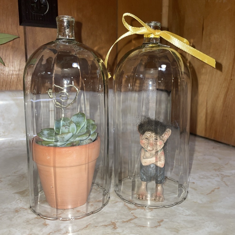 Vintage lot of 2 Clear‎ Glass Large Cup Peg Candle Holders or CLOCHE Displays!!!